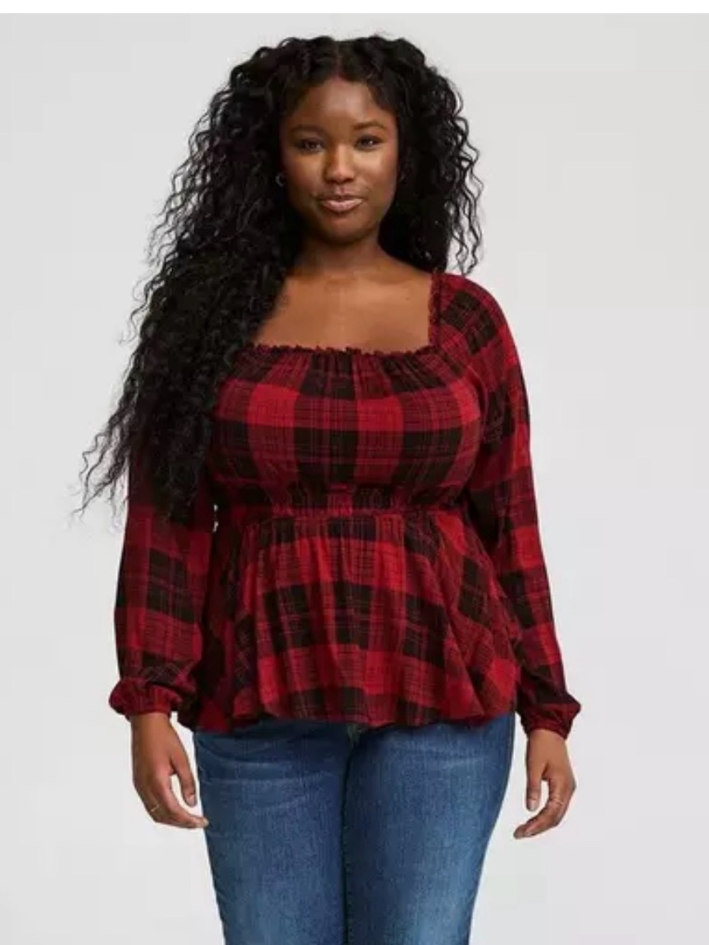 torrid Red and Black Plaid Smocked Peplum Top